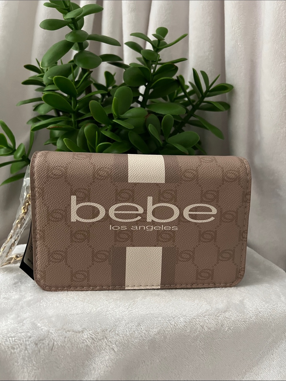 Bebe Taupe Crossbody With Cream Stripe Gold Chain Strap